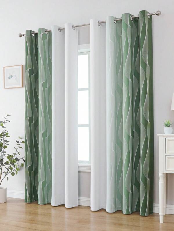 2 Stück blichtdichte und wärmedämmende Fenstervorhänge, modernes 3D Linien-Druckdesign, grün-weißer Farbverlauf, geeignet für Wohnzimmer, Schlafzimmer, Esszimmer, Kinderzimmer, Heimdekoration, Abdunklung