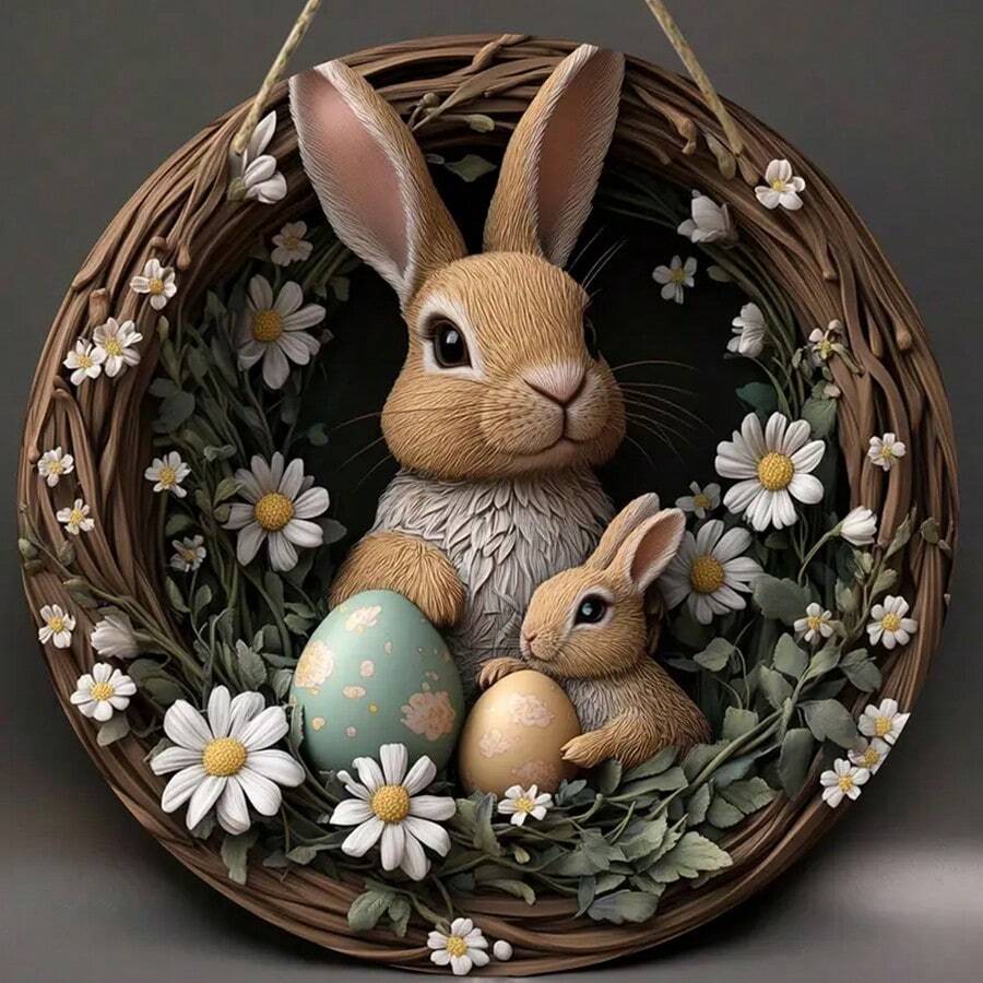 1 szt. Drewniany wiszący znak królika w stylu vintage, boho królik i wzór jajka z motywem wielkanocnego króliczka, ozdobiony wieńcem słoneczników, odpowiedni do wystroju domu w stylu wiejskim, na drzwi wejściowe, werandę, salon, sypialnię - wiosenny wystrój wnętrz/zewnątrz