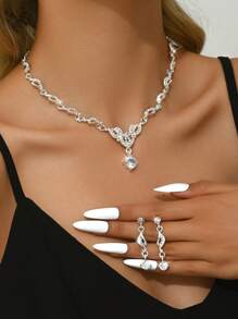 3pcs Women's Heart & Flower Rhinestone Embellished Wedding Jewelry Set