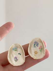 1 Pair Vintage Elegant Enamel Concave Geometric Moon & Flower Butterfly Print Stud Earrings, Simple & Fashionable Everyday Accessory Suitable For Women, Daily Wear/Wedding/Party, Great Gift For Wife/Girlfriend Birthday