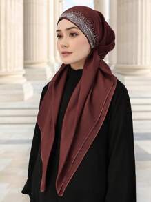 1 pieza/2 piezas Pañuelo musulmán de color liso con rhinestones para mujer, turbante de moda versátil adecuado para uso diario con vestido