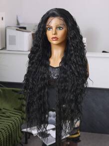 （黑色）13X4 蕾丝前假发，带婴儿头发合成纤维，日本进口，32 英寸深波浪超长假发，合成纤维耐热假发弹力网帽，适合各种种族日常聚会，高品质女士自然美丽合成柔软假纤维头发 - 黑色 - 查看 4