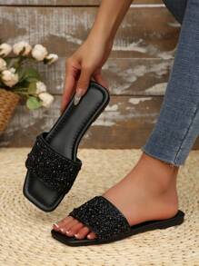 女士单趾带水钻装饰凉鞋，夏季休闲百搭户外塑料平底拖鞋 - 黑色 - 查看 3