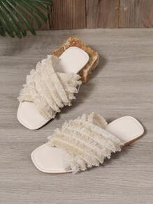 Women Handmade Tassel Criss Cross Square Toe Flat Sandals, Comfortable & Versatile, Beige Beach Slippers