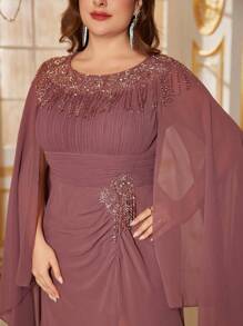 SUPGIR Kleid mit Kappärmeln, geraffter Taille, eleganter schmaler Passform, Strass am Saum, Schlitz vorne, Hochzeitsgast Kleid, Party Kleid, Abendkleid - Altrosa - Übersicht 4