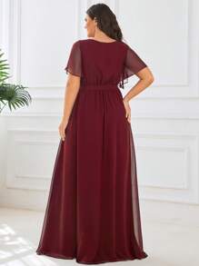 EVERPRETTY Elegant V-Neck Ruffle Flare Sleeve Floor-Length Burgundy Bridesmaid Dress, Spring/Summer Wedding Guest Party Dress - Burgundy - View 3