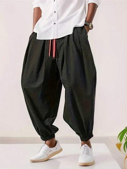 Men's Vintage Coin Pattern Drawstring Waist Loose Casual Solid Color Pants, Fashionable And Versatile, Suitable For Autumn