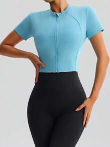Chaqueta deportiva de manga corta ajustada y transpirable para mujer, con cuello alto y cremallera, apropiada para yoga, correr y gimnasio