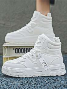 Casual Sports Shoes, Soft Sole & Soft Fabric, Comfortable Couple Shoes, Solid Color High-Top Round Toe Lace-Up Everyday Casual Fashionable Daily Wear Boots, PU Leather Waterproof Anti-Oil Men's Dress Shoes For Everyday Commute And Outdoor, Young Men's Canvas Sneakers With Double Laces, Thick Sole, Anti-Slip, Wear-Resistant, Casual Comfortable Men's Shoes To Increase Height, Men's Fashion Leather Boots