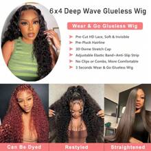 GABRIELLE 30 Inch Deep Wave Glueless Wigs Human Hair 6x4 Transparent Lace Closure Wigs 180 Density Ready To Wear Glueless Human Hair Wigs Pre Plucked Pre Cut 13x4 13x6 Deep Curly Lace Front Human Hair Wigs With Drawstring 9x6 7x5 Glueless Human Hair Wigs For Women - Natural Black - 查看 6