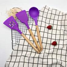 Wooden Handle Silicone Kitchenware 3-Piece Set Non-Stick Pot Silicone Dense Shovel Leaky Shovel Spoon Silicone Kitchenware Wooden Handle Kitchenware Set - Multicolor - View 13