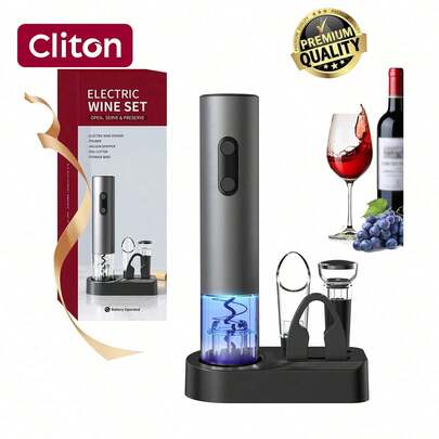CLITON Bộ dụng cụ mở chai rượu điện tử - Chạy bằng pin, tự động mở nút chai, kèm dao cắt giấy bạc, nút chặn chai và dụng cụ rót rượu, màu xám.