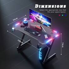 HLONONE Gaming Desk With LED Lighting, 100*55cm Gaming Table, Sturdy Computer Desk With Carbon Fiber Coating, Gamer Table With Cup Holder And Headphone Hook, Black - 黑色 - 查看 2
