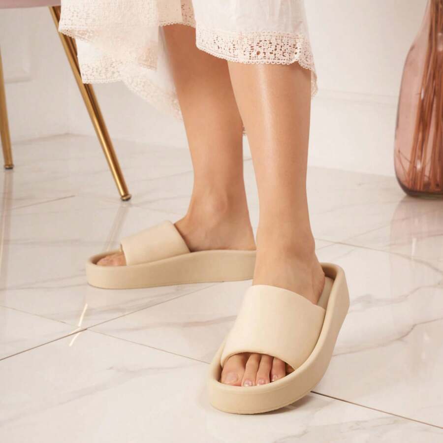 Platform Slide-On Sandals With Wide Strap And Cushioned Footbed - Beige - View 1