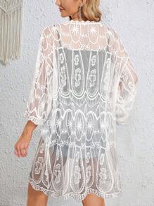 Yukiwi 女式蕾丝边刺绣网眼前开襟夹克，适合夏季节日聚会服装