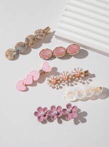 6个独特的彩色贝壳花朵和仿珍珠树脂发夹，优质材料，适合日常佩戴，发饰，发卡，爪夹，学习用品，珍珠发饰，女士度假装扮，头部配饰，发夹 - 彩色 - 查看 3