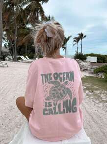 女士夏季度假海洋生物字母印花圆领T恤，图案T恤，白色、黑色、粉色