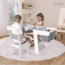 Set With Chairs For Playroom, Toddler Craft And Play Wood Activity Table With Storage Bins And Paper Roll (Grey And White)