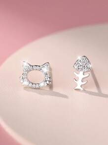 S925 Sterling Silver Asymmetric Zirconia Cute Cat Bone Stud Earrings, Ideal Valentine's Day Gift For Girlfriend/BFF, Hypoallergenic, Versatile For Party/Daily Wear, Great For Ear Piercing