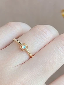 Stylever 1 件镂空蛋白石三叶草戒指女士珠宝女士 S925 纯银华丽戒指精美珠宝礼物送给女孩舞会装饰 - 金色 - 查看 4