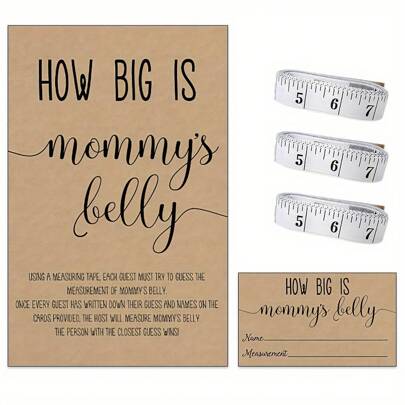 54pcs How Big Is Mommy's Belly? Gender Neutral Baby Shower Game Kit Includes Standing Sign, 50 Trivia Cards, 3 Measuring Tapes And 1 Game Board. Fun Party Activity, Shower Game