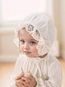 1pc Baby Girl White Lace Flower Vintage Style Embroidered Fetal Hat, Palace-Style Infant Cap, Soft Baby Hat, Newborn Cap - 白色 - 查看 7
