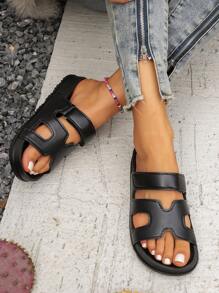 女士奢华款韩版休闲平底拖鞋，露趾夏季户外编织罗马凉鞋，时尚沙滩度假平底鞋，适合礼服，白色/棕色/黑色