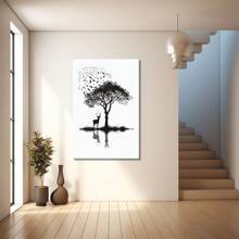 Black And White Silhouette Of A Deer And Tree With Birds. Large Wooden Framed Wall Art Artist Home Decoration Oil Painting - Bedroom, Bathroom, Living Room, Office, Kitchen, Christmas Gifts - 1 Piece