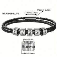 1 pieza Brazalete personalizado de piel de PU negra y acero inoxidable con grabado personalizado con su nombre/familia/nombre de pareja, regalo para familia, pareja, hombres, Día del Padre