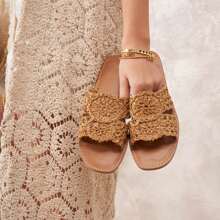 Slide Sandals With Openwork Floral Strap And Contoured Footbed - Camel - View 2