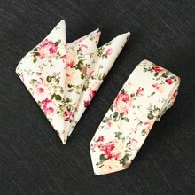 2pcs Set, Men's Floral Printed Tie, Soft Fabric Flower Pattern Tie And Pocket Square Combo, Suitable As Men's Gift For Wedding, Groom, Groomsman, Wedding Photo Shoot, Date Night, Formal Dinner - Two-piece Set - View 22