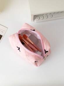 Fresh And Simple Series, New Embroidered Bow Quilted Storage Bag, Cute Ladies Cosmetic Bag, Used For Cosmetics, Headphones, Data Cables, Change, Stationery Storage, Suitable For Students And College Students Cosmetics Items Storage Belongings, Travel Shopping And Business Trips, The First Choice For Holiday Gifts