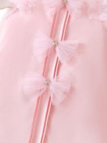 Young Girl Spring/Summer Sleeveless Splicing Mesh Buttons Decor Round Neck Versatile Dress, Cute & Elegant - Pink - View 3