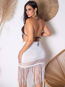 Skirt Knitted Beach Cover-Up With Fringes And Detail On The Hem. - 白色 - 查看 3