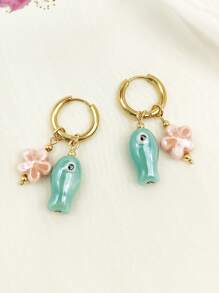 1 对可爱手绘陶瓷鱼和花装饰不锈钢环状耳环，女士日常、度假、约会礼物 - 小魚耳圈 - 查看 17