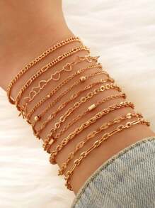 11 件金心形和方形锆石手链，复古优雅风格，分层时尚配饰，适合日常佩戴 - 彩色 - 查看 6