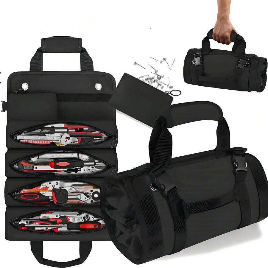 Tool Kit, Roll-Up Tool Kit, Detachable Six-Piece Tool Kit, Tool Roll Storage Bag For Mechanics, Electricians And Enthusiasts. - 黑色 - 查看 1