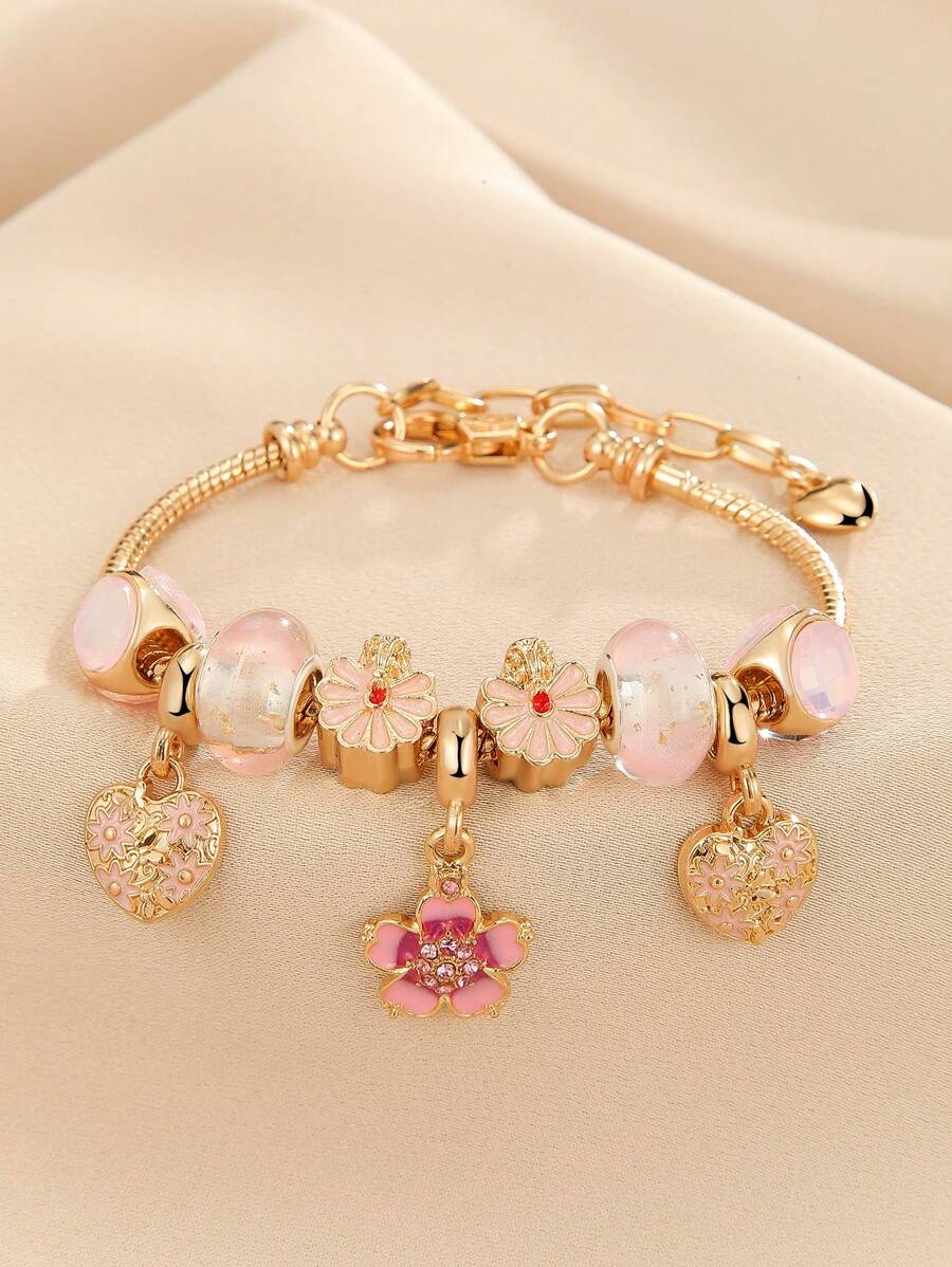 1 件春夏新款雏菊花卉串珠吊坠手链，优雅金色水钻串珠手链，女士