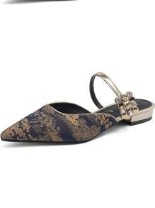 Fall/Winter Women's New Classic Chinese-Style Crystal Low Heel Mules, Fashionable Versatile Blue Contrast Color Pointed Toe Flat Slip-On Shoes,Party Outfits - Navy Blue - View 5