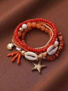 Set de 6 piezas Pulseras elásticas con conchas y estrellas de mar, estilo de vacaciones de playa rosa, adecuadas para uso diario y vacaciones de mujeres