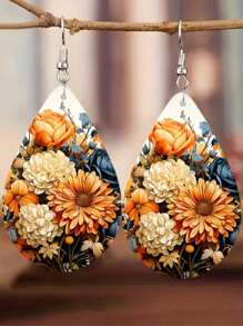 1Pair Bohemian Flower Wooden Small Water Drop Earrings, Watercolor Flower Pattern Earrings Pendant, Girls Jewelry Gift