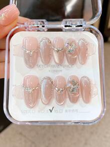 10 件手工尖头杏仁形灰色猫眼 3D 水晶假指甲，具有闪亮效果，适合学生、孕妇、日常佩戴和派对，配有凝胶抛光按压指甲美甲用品