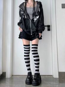 1 par de medias largas a la rodilla a rayas para mujer, con rayas de colores de moda, medias hasta los muslos, medias largas, medias para niñas, medias de fiesta, medias de baile, estilo punk, rockstar, para uso diario