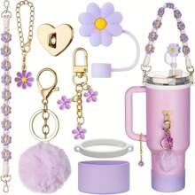 8 pièces Set d'accessoires de tasse pour Tumbler 40oz & 30oz, Tumbler avec sangle de poignée - Comprenant couvercle de paille, sangle de bouteille d'eau, crochet en forme de cœur, manchon en silicone, porte-clés, cadeau idéal pour la Saint-Valentin, pour les activités en plein air, le camping, fournitures pour la rentrée scolaire