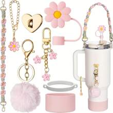 8 pièces Set d'accessoires de tasse pour Tumbler 40oz & 30oz, Tumbler avec sangle de poignée - Comprenant couvercle de paille, sangle de bouteille d'eau, crochet en forme de cœur, manchon en silicone, porte-clés, cadeau idéal pour la Saint-Valentin, pour les activités en plein air, le camping, fournitures pour la rentrée scolaire