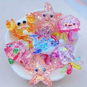 10/20个随机组合闪亮卡通海洋动物装饰品：海豚、章鱼、螃蟹、海星 - 扁平、凸起、圆形吊坠，适合DIY蝴蝶结、家居、办公室、婚礼、剪贴簿和珠宝制作 - 室内外均可使用 - 圣诞节、万圣节