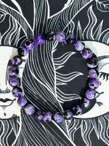 1 件/波西米亚复古火玛瑙紫色手链串珠弹性手链男女日常佩戴抗焦虑珠宝礼物 - 紫色 - 查看 4