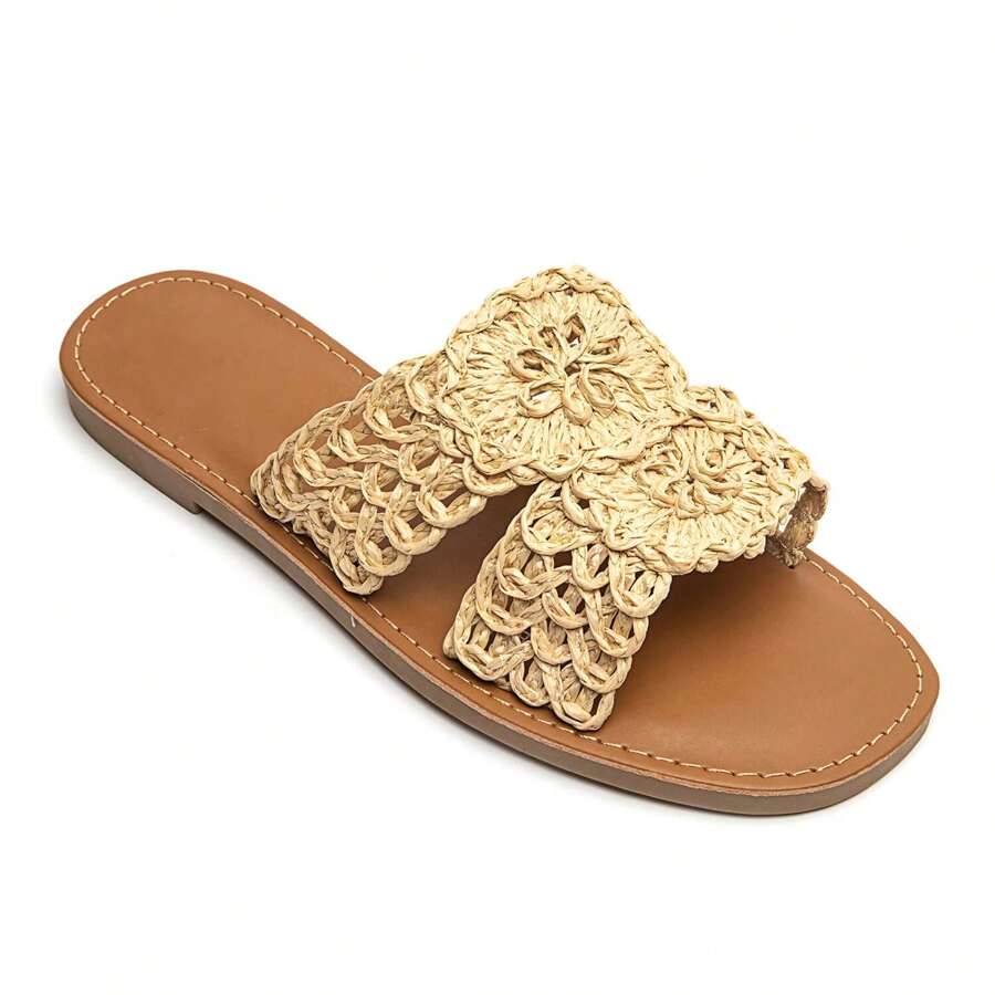 Slide Sandals With Openwork Floral Strap And Contoured Footbed - Beige - View 1
