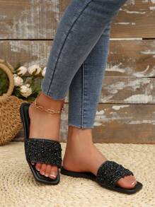 女士单趾带水钻装饰凉鞋，夏季休闲百搭户外塑料平底拖鞋 - 黑色 - 查看 7