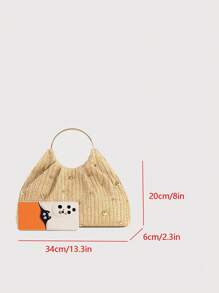 Bolso de mano de mujer de moda Talla S con decoración de remaches, bolso de paja fruncida, bolso tejido, bolso de asa superior para el verano